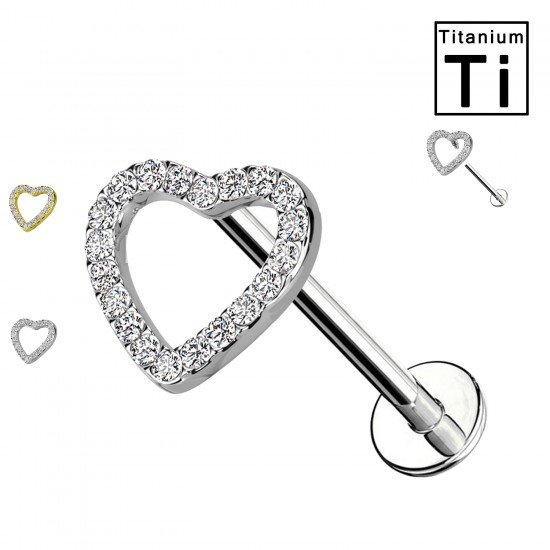 PWC-055 Piercing Labret in Titanio a forma di cuore con cristalli  e con Filettatura Interna