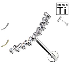 PWC-056 Labret Piercing in Titanium in the shape of nine Baguettes Rectangular Crystals and with Internal Threading