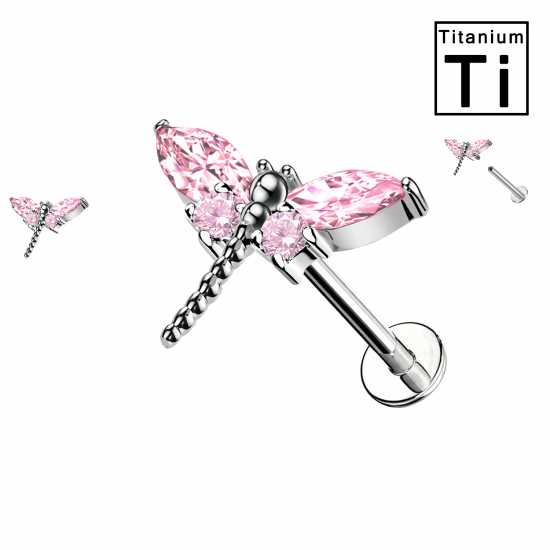 PWC-169 Piercing Labret in Titanio a Forma di Libellula con Cristalli con Filettatura Interna