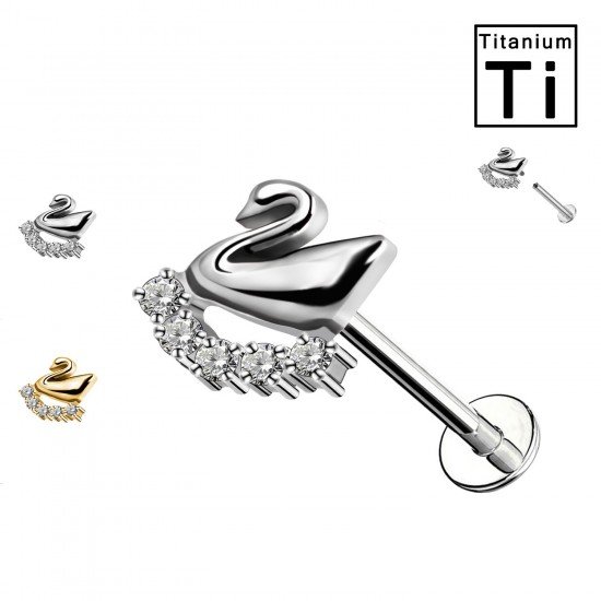 PWC-191 Titanium Swan Labret Piercing with Crystals and Internally Threaded