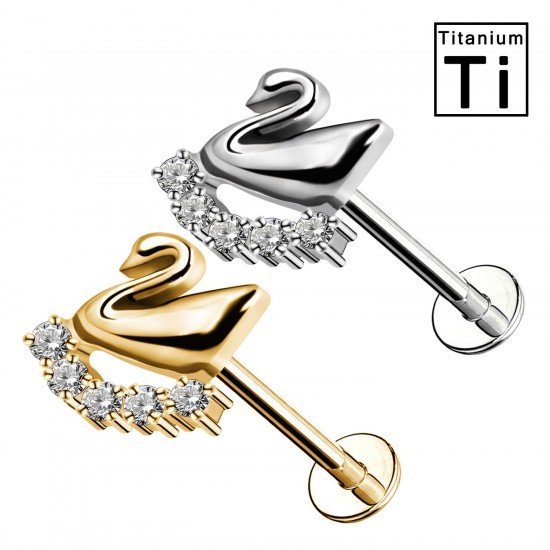 PWC-191 Titanium Swan Labret Piercing with Crystals and Internally Threaded