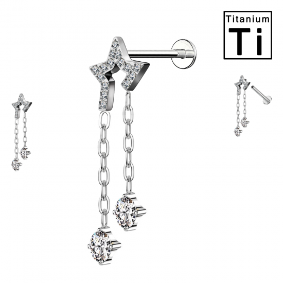 PWC-192 Piercing Labret in Titanio con Forma di Stella e Catene di Cristalli e con Filettatura Interna