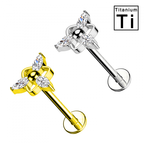 PWC-202 Piercing Labret in Titanio a Forma di Fiore a Tre Petali con Cristalli e con Filettatura Interna