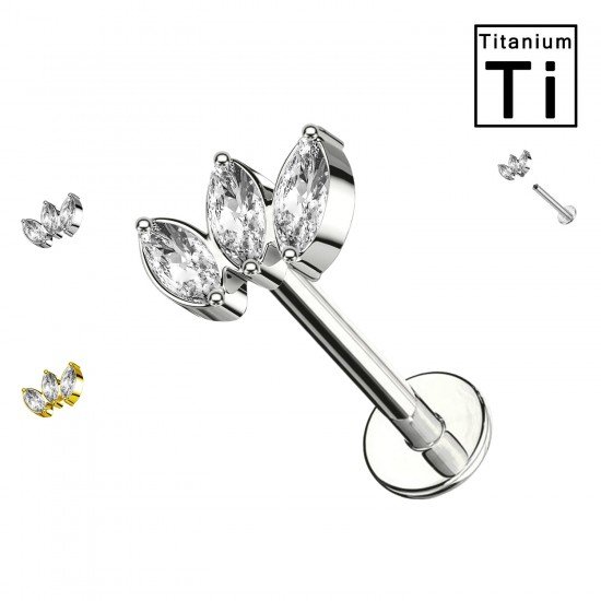 PWC-208 Piercing Labret in Titanio a Forma di Foglia Tripla con Cristalli e con Filettatura Interna