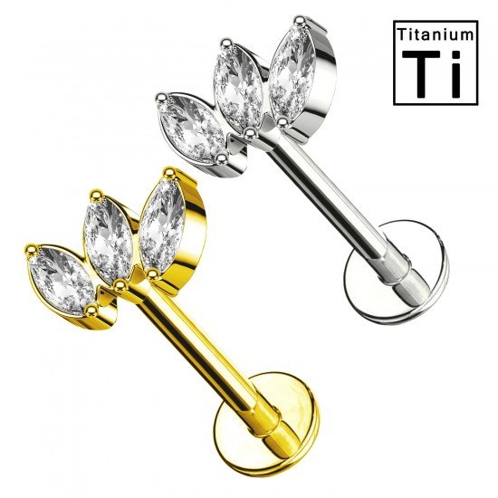 PWC-208 Piercing Labret in Titanio a Forma di Foglia Tripla con Cristalli e con Filettatura Interna