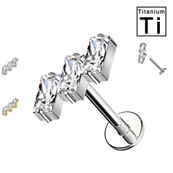 PWC-050 Titanium Labret Piercing with three rectangle crystals bezel-set and with internal threading