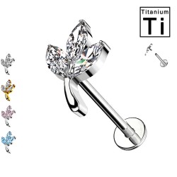 Titanium Labret Piercing in the shape of leaves with crystals and with Internal Threading