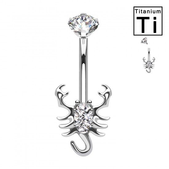 PWD-034 Titanium Lobster Shaped Banana Belly Button Piercing with Crystals