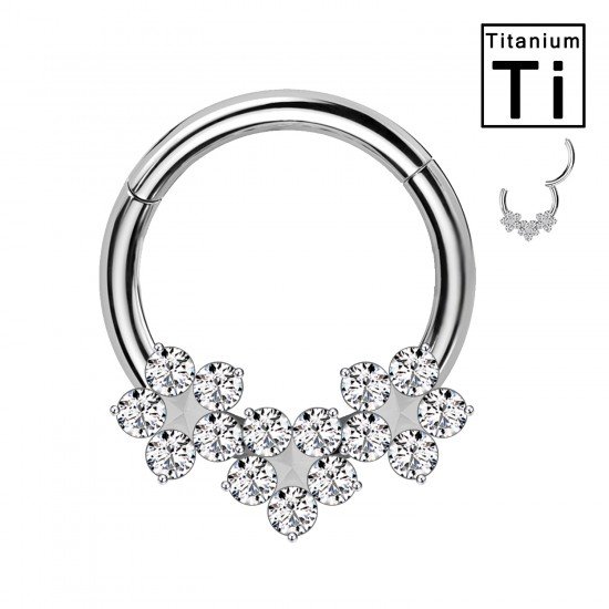 PWY-110 Titanium Clicker Hoop Piercing with Flower Shape and Crystals.