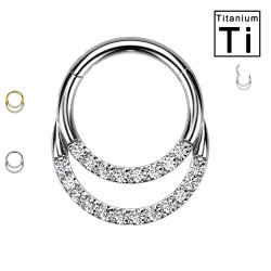 PWY-116 Clicker Hoop Piercing in Titanium with Double Pavé Crystals